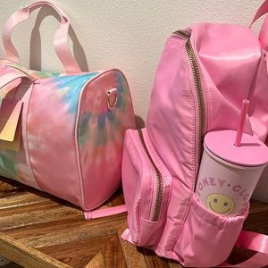 Stoney Clover Set tie-dye duffle, pink backpack, smiley tumbler